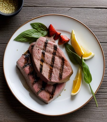 Tuna~ Grilled Steaks With Fresh Fruit recipe image