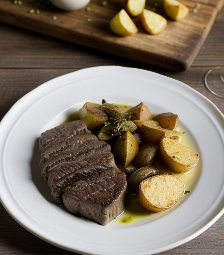 Veal With Shallot-Roquefort Cream and Oven-Fried Potatoes recipe image