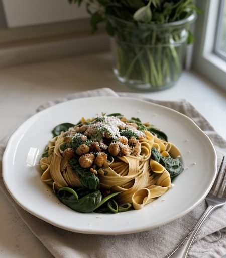 Warm Pasta and Spinach Salad recipe image