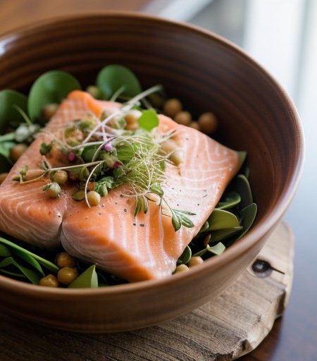 Warm Salad of Steamed Salmon, Ceci and Sunflower Sprouts recipe image