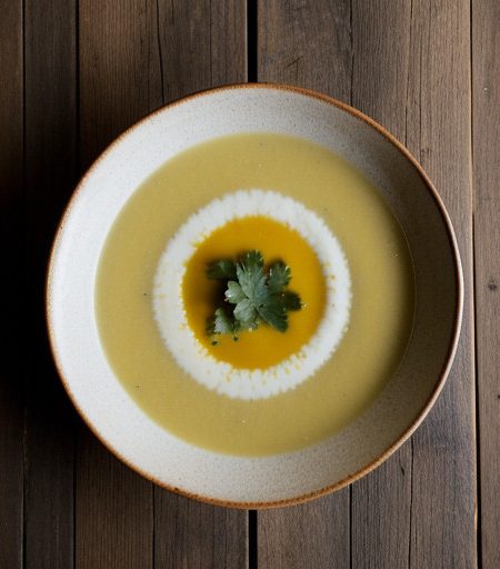 White Corn Soup With Poblano Chili Puree - Bon Appetit recipe image