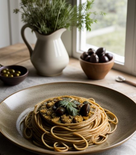 Whole-Wheat Spaghetti Puttanesca - Country Living recipe image