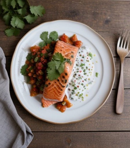 Salmon w/ Cumin-Coriander Crema & Chipotle Salsa recipe image