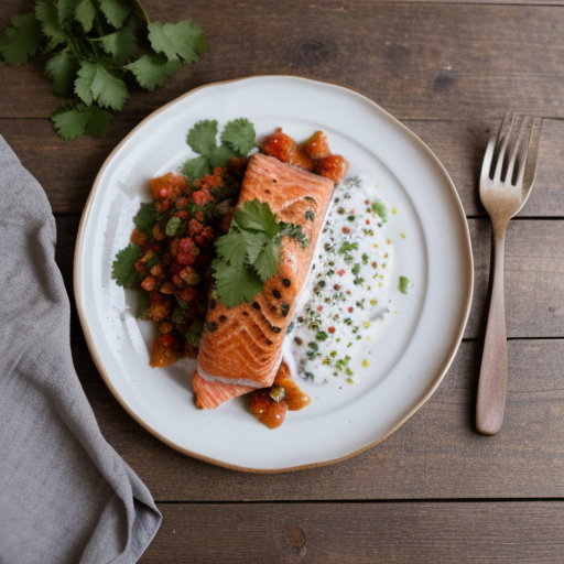 Salmon w/ Cumin-Coriander Crema & Chipotle Salsa recipe image