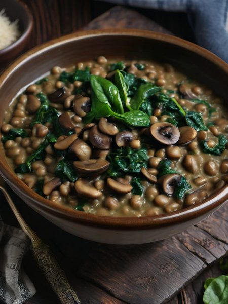Creamy lentil and spinach stew with mushrooms