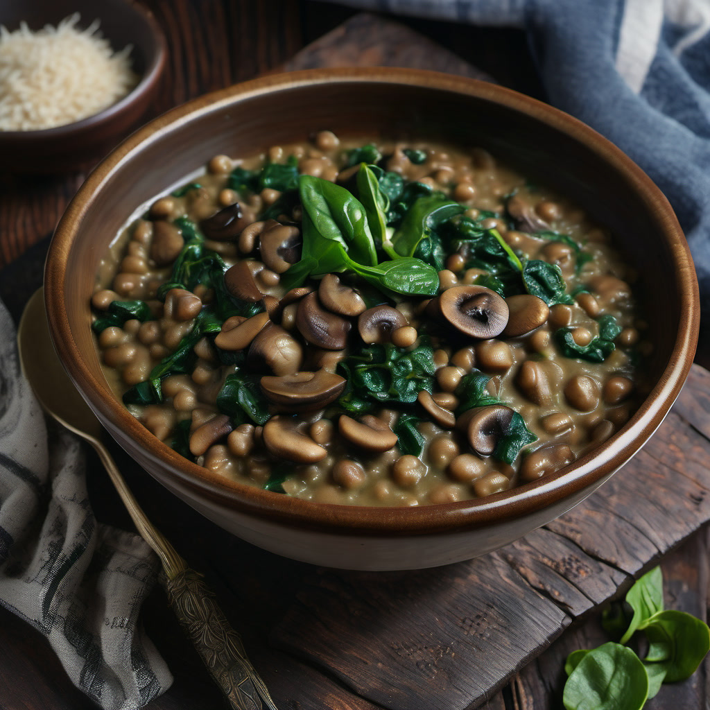 Creamy lentil and spinach stew with mushrooms